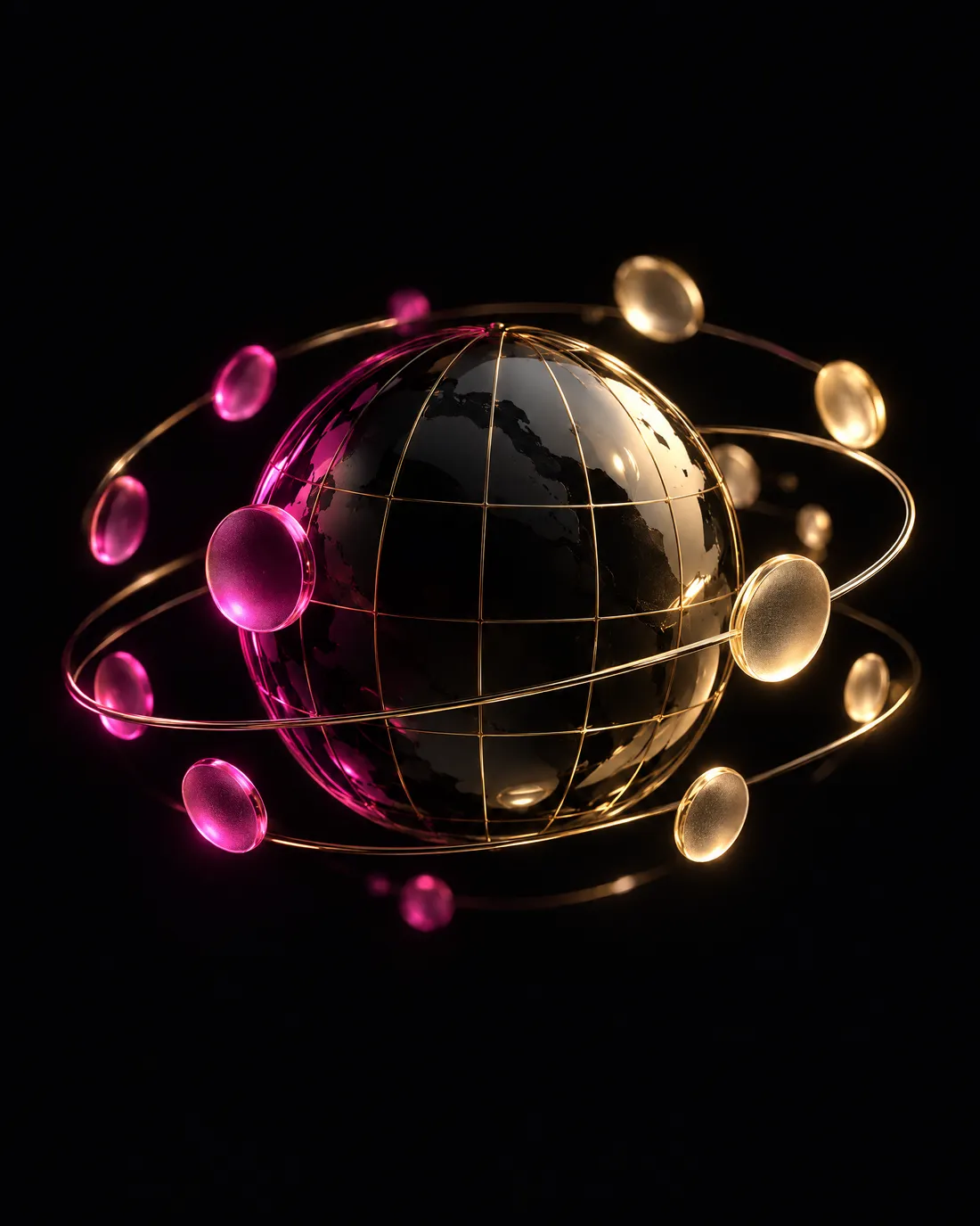 A black chrome globe orbited by gold and rose discs