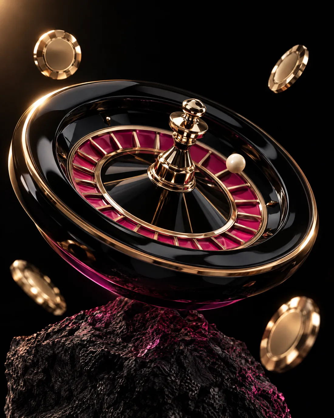 A black and gold roulette wheel floating above dark rock