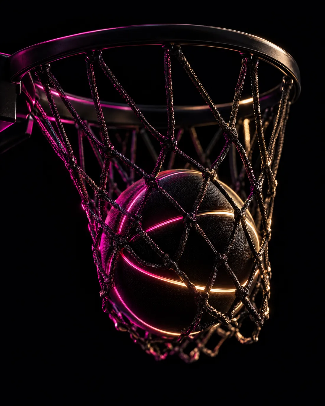 A black basketball with glowing seams dropping through a net