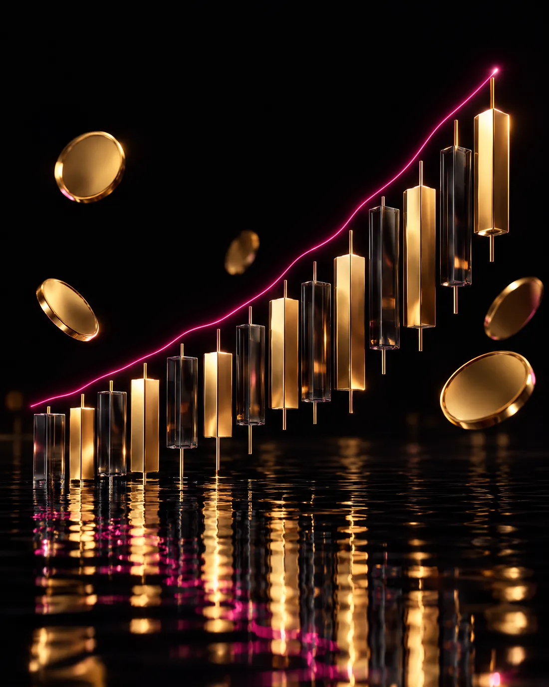 Golden candlestick bars rising from black water